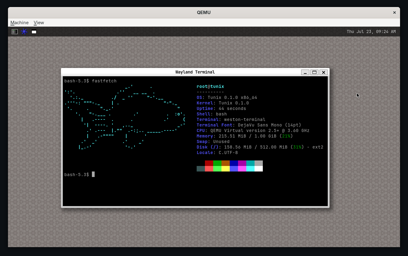 Tunix running Weston with weston-terminal