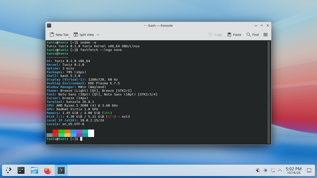 KDE desktop running on Tunix